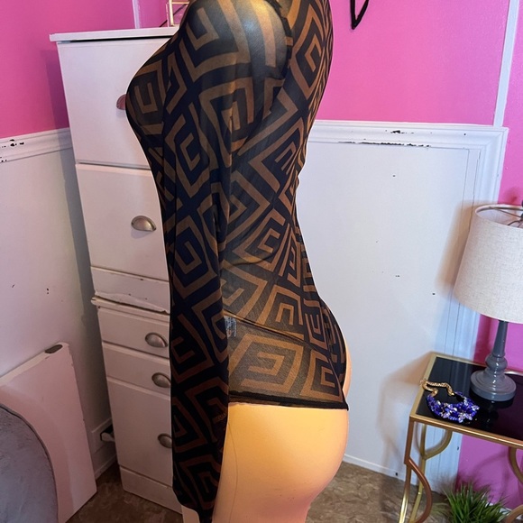 Black and Brown Geometric Long Sleeve Bodysuit - Picture 3 of 4